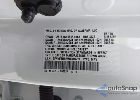 2021 Honda Pilot 2Wd Touring 8 Passenger from USA, damaged, VIN 5FNYF5H92MB001689